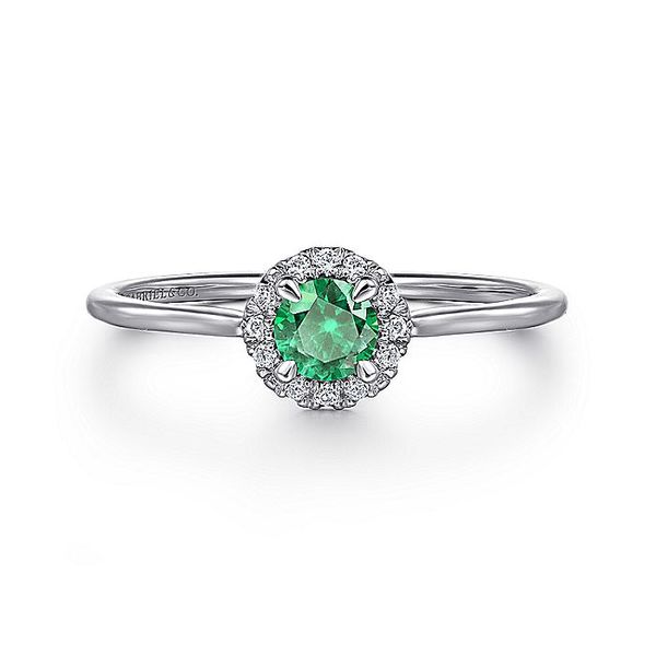 Gabriel & Co. 14K White Gold Emerald and Diamond Halo Birthstone Ring Toner Jewelers Overland Park, KS