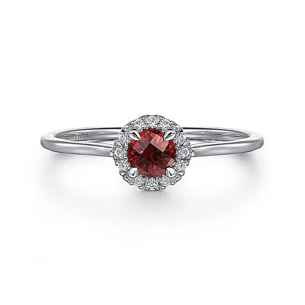 Gabriel & Co. 14K White Gold Garnet and Diamond Halo Birthstone Ring Toner Jewelers Overland Park, KS