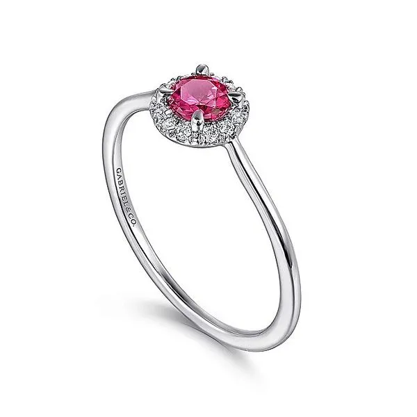Gabriel & Co. 14K White Gold Ruby and Diamond Halo Birthstone Ring Image 3 Toner Jewelers Overland Park, KS