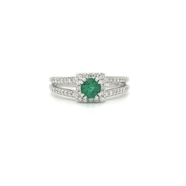 14 Karat White Gold Emerald and Diamond Split Shank Ring Toner Jewelers Overland Park, KS