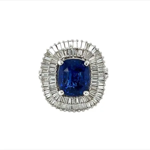 18 Karat White Gold Sapphire and Baguette Diamond Halo Ring Toner Jewelers Overland Park, KS
