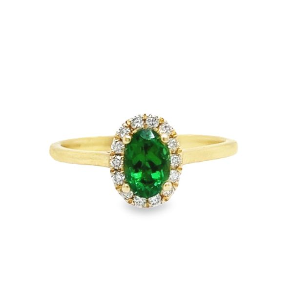 14K Yellow Gold Tsavorite Garnet and Diamond Halo Ring Toner Jewelers Overland Park, KS