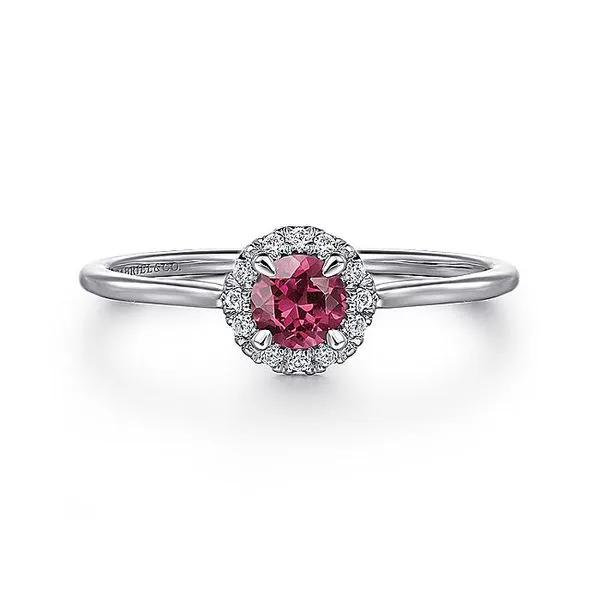 Gabriel & Co. 14K White Gold Pink Tourmaline and Diamond Halo Birthstone Ring Toner Jewelers Overland Park, KS