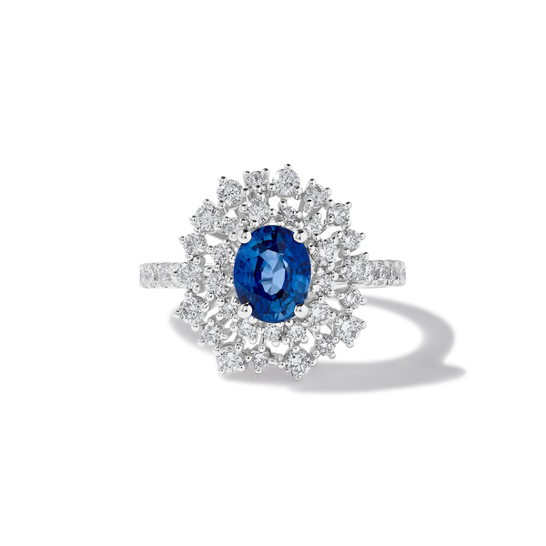 18k White Gold Sapphire & Diamond Cluster Halo Ring Toner Jewelers Overland Park, KS