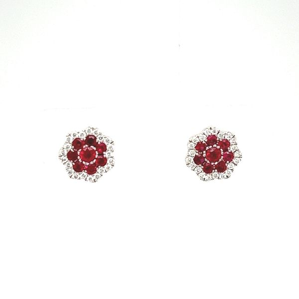 14 Karat White Gold Ruby and Diamond Flower Stud Earrings Toner Jewelers Overland Park, KS