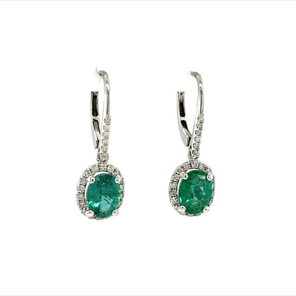 14 Karat White Gold Emerald and Diamond Drop Earrings Image 2 Toner Jewelers Overland Park, KS