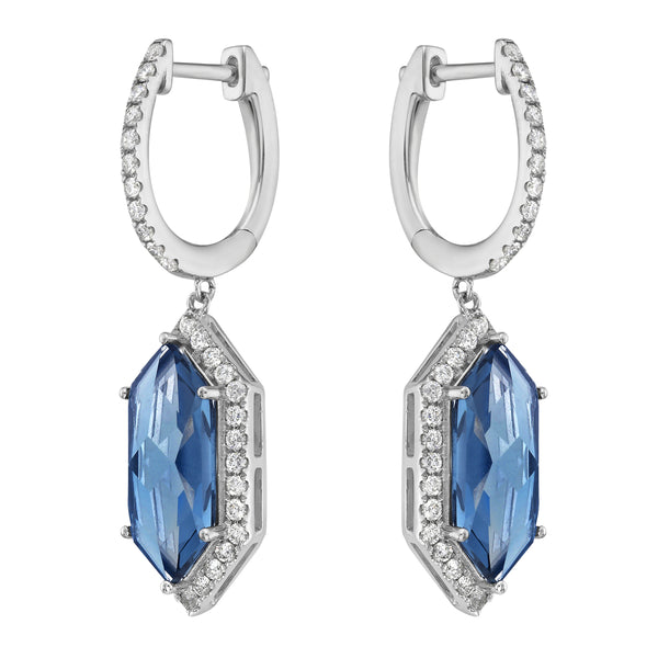 14k White Gold London Blue Topaz & Diamond Halo Drop Earrings Image 2 Toner Jewelers Overland Park, KS