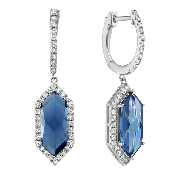 14k White Gold London Blue Topaz & Diamond Halo Drop Earrings Toner Jewelers Overland Park, KS