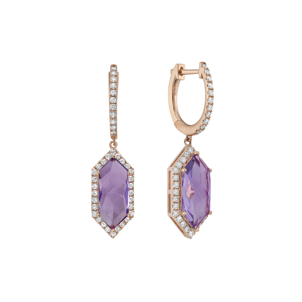14k Rose Gold Amethyst & Diamond Halo Drop Earrings Toner Jewelers Overland Park, KS