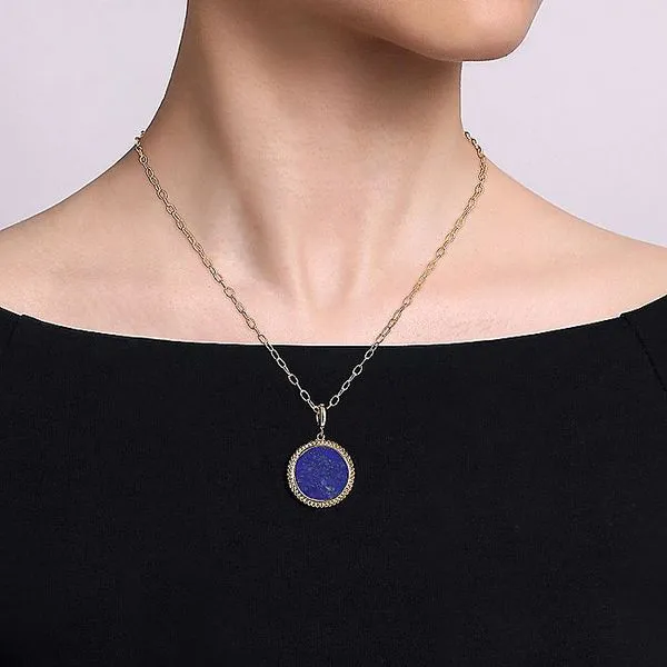 Gabriel & Co. 14K Yellow Gold Round Lapis Inlay Pendant Image 4 Toner Jewelers Overland Park, KS