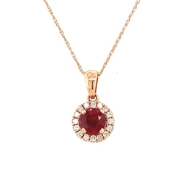 14 Karat Rose Gold Ruby and Diamond Halo Pendant Necklace Toner Jewelers Overland Park, KS