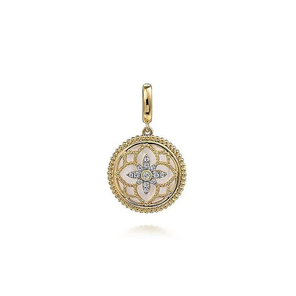 Gabriel & Co. 14K Yellow Gold Bujukan Mother of Pearl Medallion Pendant Toner Jewelers Overland Park, KS