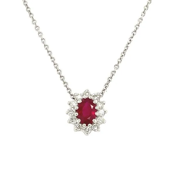 14 Karat White Gold Oval Ruby and Diamond Halo Pendant Necklace Toner Jewelers Overland Park, KS