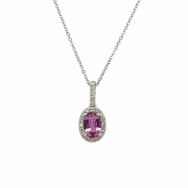 14 Karat White Gold Pink Sapphire and Diamond Pendant Necklace Toner Jewelers Overland Park, KS