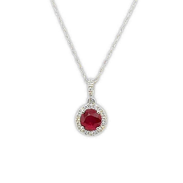 14Karat White Gold Ruby and Diamond Halo Necklace Toner Jewelers Overland Park, KS
