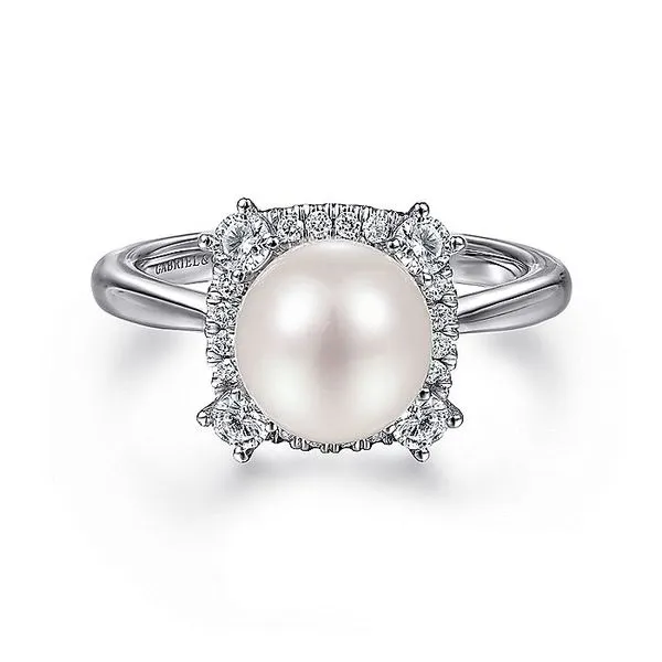 Gabriel & Co. 14K White Gold Pearl and Diamond Halo Ring Toner Jewelers Overland Park, KS