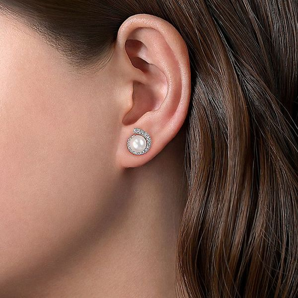 Gabriel & Co. 14K White Gold Pearl and Diamond Halo Stud Earrings Image 2 Toner Jewelers Overland Park, KS