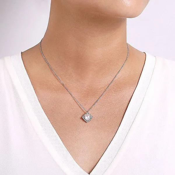 Gabriel & Co. 14K White Gold Pearl and Diamond Halo Pendant Necklace Image 3 Toner Jewelers Overland Park, KS