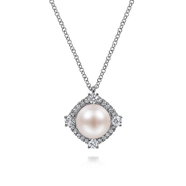 Gabriel & Co. 14K White Gold Pearl and Diamond Halo Pendant Necklace Toner Jewelers Overland Park, KS