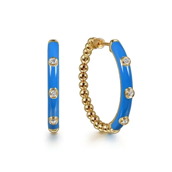 Gabriel & Co.14K Yellow Gold Blue Enamel Hoops Toner Jewelers Overland Park, KS
