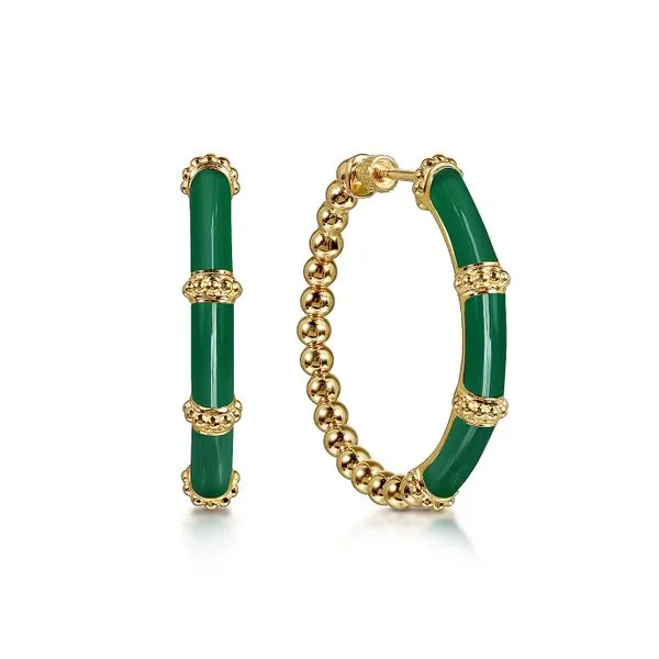Gabriel & Co. 14K Yellow Gold Bujukan Green Enamel Hoops Toner Jewelers Overland Park, KS