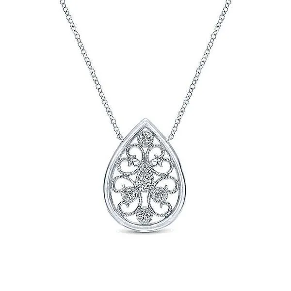 Gabriel & Co. Silver Pear Shaped Diamond Pendant Necklace Toner Jewelers Overland Park, KS