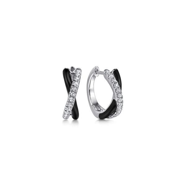 Sterling Silver Black Enamel and White Sapphire Criss Cross Huggies Toner Jewelers Overland Park, KS