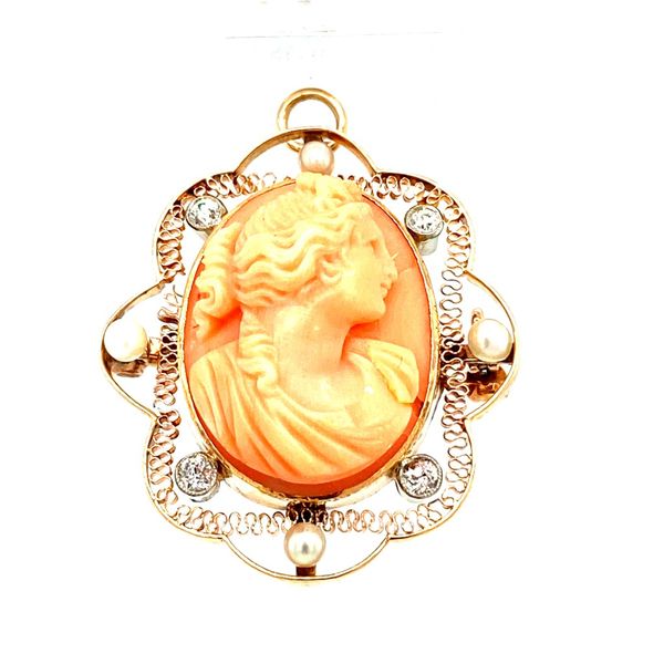Estate 14k Yellow Gold Peach Coral Cameo Brooch with Diamonds and Seed Pearls Toner Jewelers Overland Park, KS