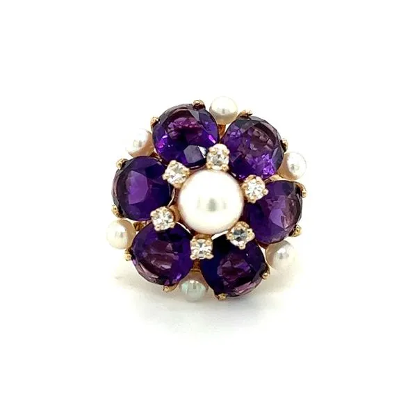 Estate 14 Karat Yellow Gold Pearl, Amethyst and Diamond Ring Toner Jewelers Overland Park, KS