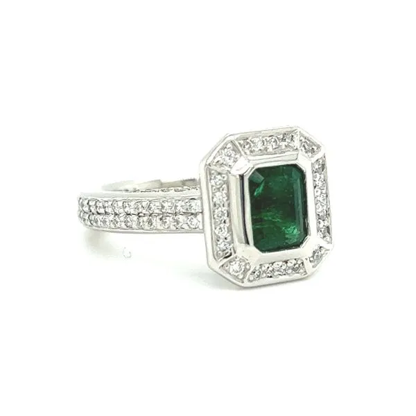Estate Platinum Emerald and Diamond Halo Ring Image 2 Toner Jewelers Overland Park, KS