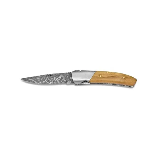 Damascus Steel Folding Blade Olive Wood Handle Knife Towne Square Jewelers Charleston, IL