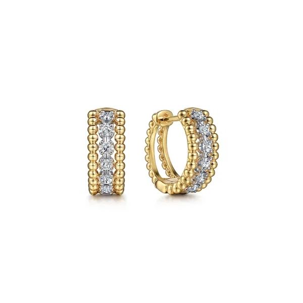 14 Karat White & Yellow Gold Diamond Huggie Hoop Earrings Trinity Jewelers  Pittsburgh, PA