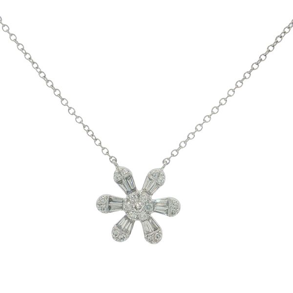 Platinum Tapered Baguette & Round Diamond Flower Station Necklace Trinity Jewelers  Pittsburgh, PA