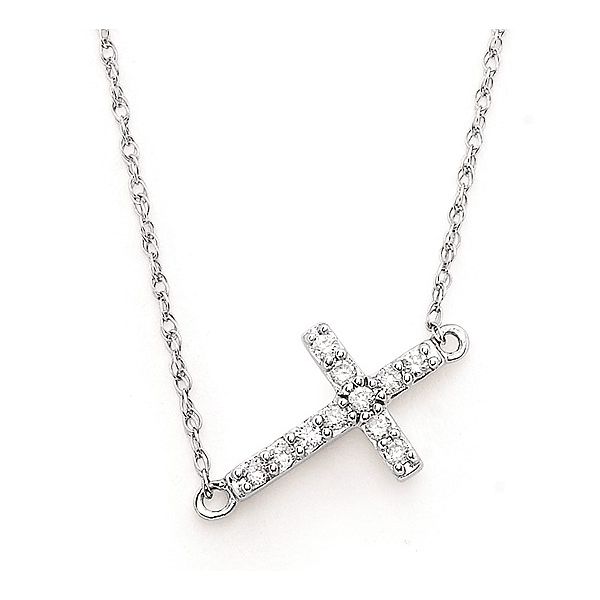 14 Karat White Gold Diamond Sideways Cross Necklace Trinity Jewelers  Pittsburgh, PA