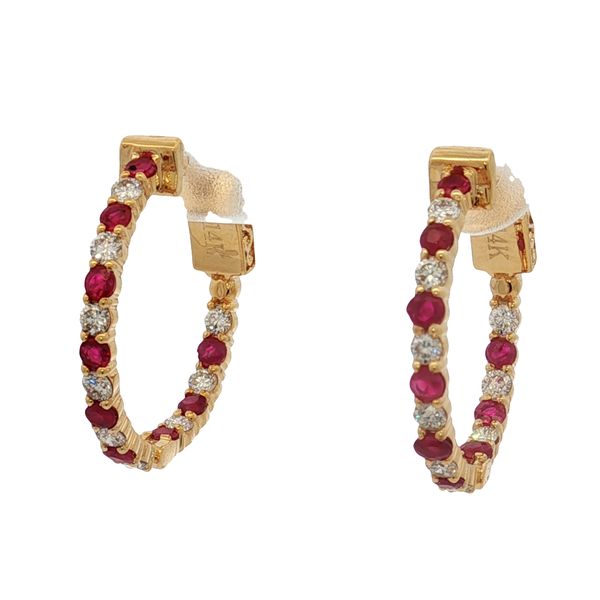 14 Karat Yellow Gold Ruby & Diamond Hoop Earrings Trinity Jewelers  Pittsburgh, PA