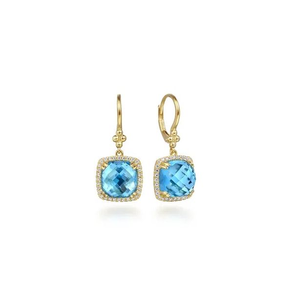 14 Karat Yellow Gold Blue Topaz & Diamond Halo Earrings Trinity Jewelers  Pittsburgh, PA