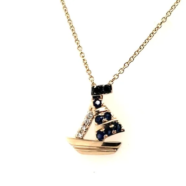 14 Karat Yellow Gold White & Black Diamond & Blue Sapphire Sail Boat Pendant Trinity Jewelers  Pittsburgh, PA