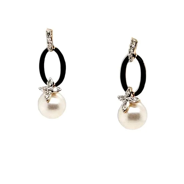 14 Karat Yellow Gold Pearl, Diamond & Black Enamel Earrings Trinity Jewelers  Pittsburgh, PA