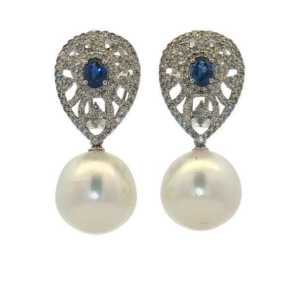 18 Karat White Gold Pearl, Sapphire & Diamond Earrings Trinity Jewelers  Pittsburgh, PA