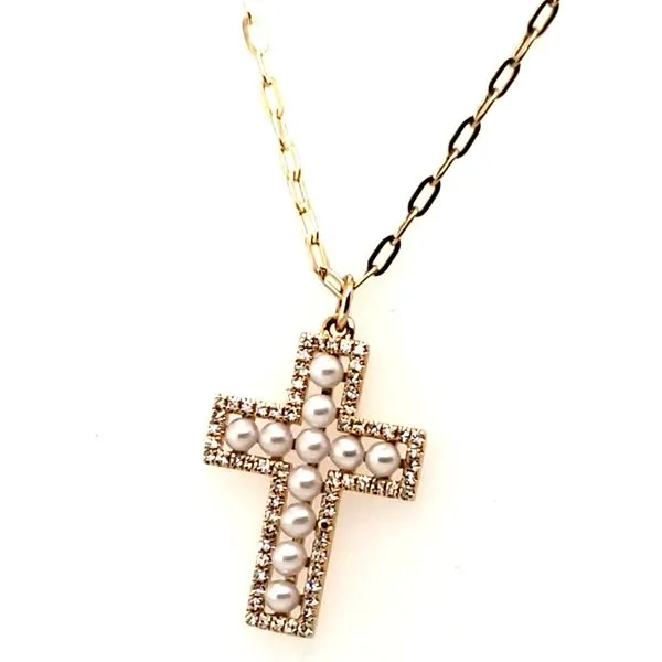 14 Karat Yellow Gold Pearl & Diamond Cross Trinity Jewelers  Pittsburgh, PA