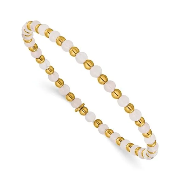Stainless Steel Yellow Gold Plated  & 3mm Pink Quartz Beaded Bracelet Trinity Jewelers  Pittsburgh, PA