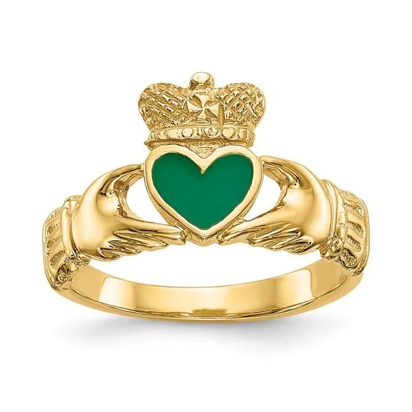 14 Karat Yellow Gold Green Enamel Heart Claddagh Ring Trinity Jewelers  Pittsburgh, PA
