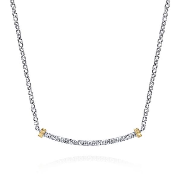 Sterling Silver & 14kt Yellow Gold White Sapphire Bar Necklace Trinity Jewelers  Pittsburgh, PA