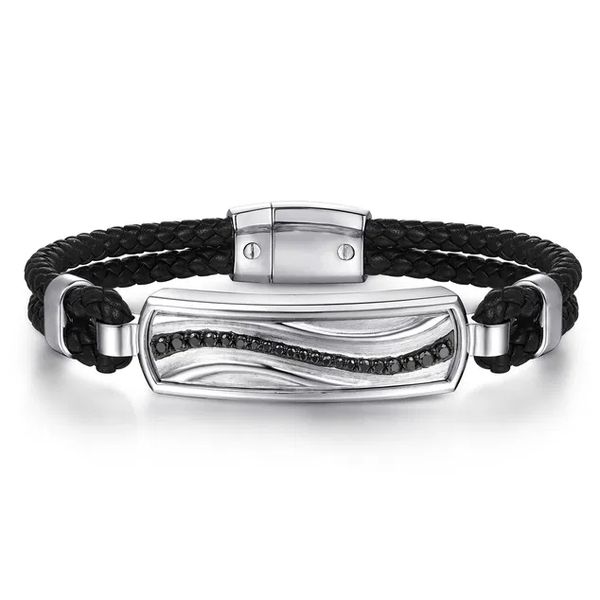 Sterling Silver Leather Bangle With Black Spinel Wave ID Bracelet Trinity Jewelers  Pittsburgh, PA