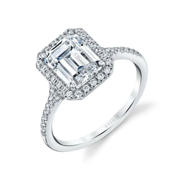 SYLVIE - 14KT WHITE GOLD DIAMOND HALO ENGAGEMENT RING FOR AN EMERALD CUT DIAMOND Valentine's Fine Jewelry Dallas, PA