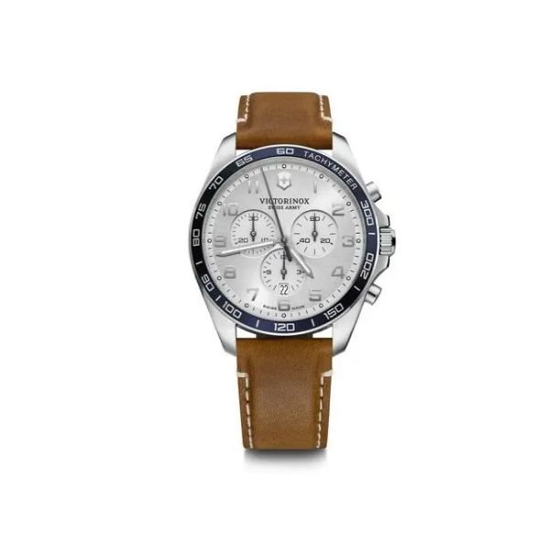 VICTORINOX - FIELDFORCE CLASSIC CHRONO WATCH FEATURING A SILVER/WHITE DIAL AND BROWN LEATHER BAND BY SWISS ARMY Valentine's Fine Jewelry Dallas, PA