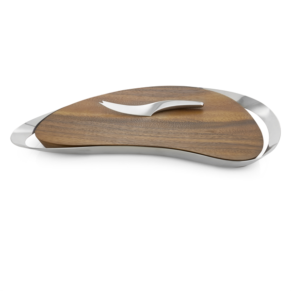Nambe Stainless Steel and Acacia Wood Pulse Cheese Board with Knife Valentine's Fine Jewelry Dallas, PA