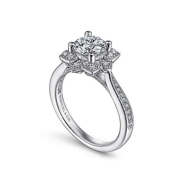 Unique 14K White Gold Vintage Inspired Halo Diamond Engagement Ring Image 3 Van Adams Jewelers Snellville, GA