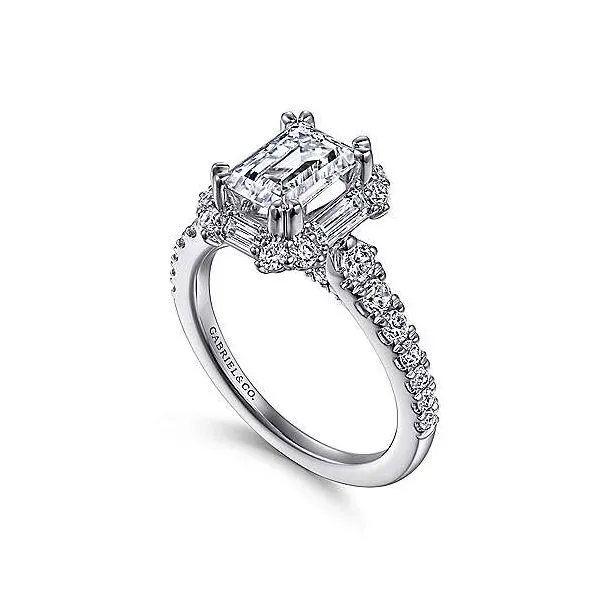 Art Deco 14K White Gold Halo Emerald Cut Diamond Engagement Ring Image 2 Van Adams Jewelers Snellville, GA