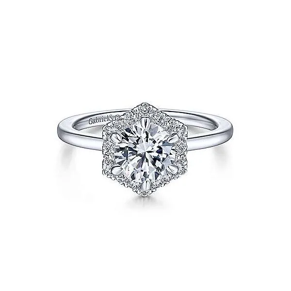 14K White Gold Hexagonal Halo Round Diamond Engagement Ring Van Adams Jewelers Snellville, GA